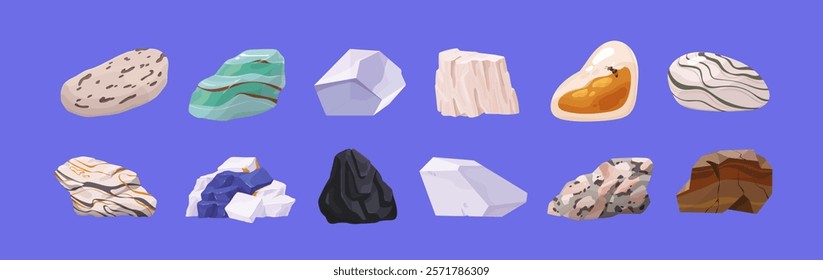 Different stones, minerals set. Rocks with various materials, shapes, color. Gemstones, gems, fossils, pieces of decorative amber, coal, granite, organic marble. Flat isolated vector illustrations