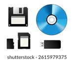 Different storage devices illustrating the evolution of technology, featuring a floppy disk, compact disc, memory card, micro SD card, and flash drive