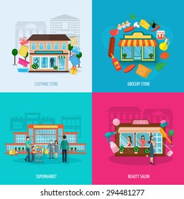 Different stores buildings such as clothing grocery beauty salons and supermarkets icons set flat isolated vector illustration 