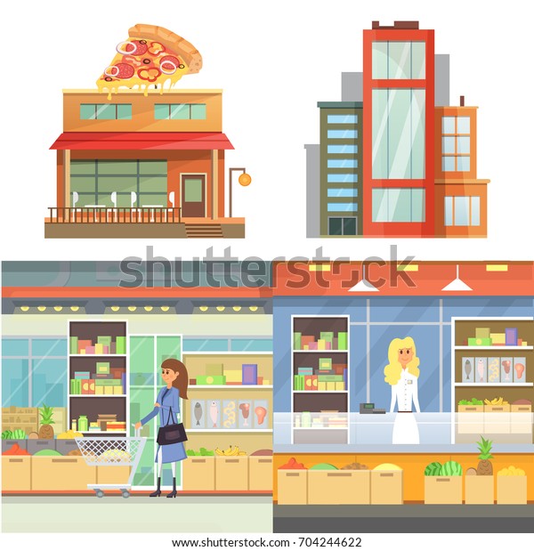 Different stores buildings. supermarket set\
flat isolated vector\
illustration.