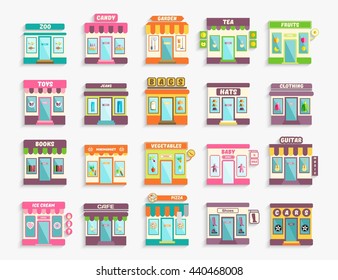 Different stores and shops icons set. Boutique collection bags, shoes, hats and clothing. Vector eps 10 format.
