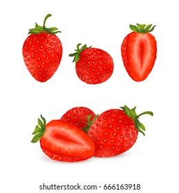 Different strawberries, 3d realistic icons, vectors illustration of strawberry slices, isolated on white.