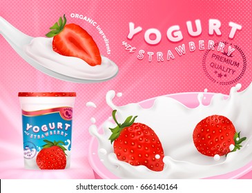 Different strawberries, 3d realistic vectors illustration of flavor yogurt ad, product logo, promotion: milk, white yogurt splash, strawberry slices, tasty food ad design, spoon, retro background