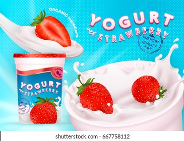 Different strawberries, 3d realistic vectors illustration of flavor yogurt ad, product logo, promotion: milk, white yogurt splash, strawberry slices, tasty food ad design, spoon, retro background