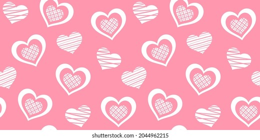 Diferentes corazones blancos a rayas en un fondo rosado. Patrón de vectores sin fisuras para papel de pared, papel de envoltura, giftwrap, envoltura, textura superficial e impresión. Plantilla de diseño para el día de San Valentín o la boda