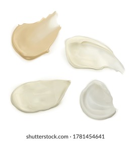 Different strokes of cosmetics, cream, white chocolate in a top view. Dessert, cosmetics, decor. Vector 3d realistic illustration isolated on white background.