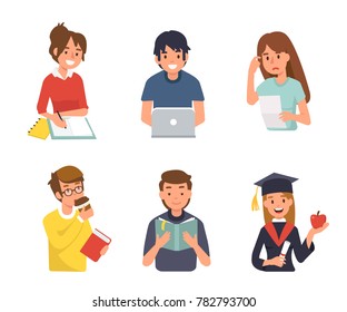 Different student characters. Flat style vector illustration isolated on white background.