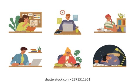 Different student characters studying at home, in library, online and offline set