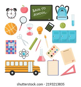 Different studying elements or items vector illustrations set. Cartoon drawings of school, math symbols, tools and notebooks isolated on white background. Education, knowledge, back to school