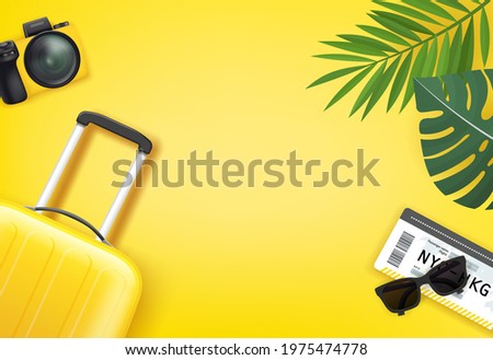 Different stuff of a tourist on a floor. Yellow vector composition 