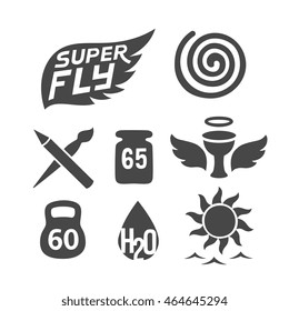 Different style abstract design logos, circle shape emblems and badge collection set series, vector graphic doodle art, illustration isolated on white background.