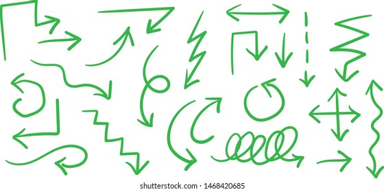Different style of arrows green color. Doodle style vector illustration object isolated hand draw. Line art cartoon design character