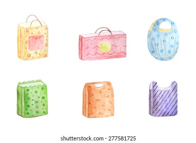 Different style bags with patterns made in watercolor technique, bags watercolor set