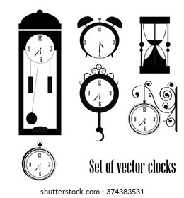 Different style of black and white clock vector collection.  Modern trendy design. Flat illustration of vintage watches. Isolated on white background