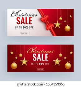 Different Style Christmas Sale Header or Banner Design with 50% discount Offer and Golden Stars, Baubles.