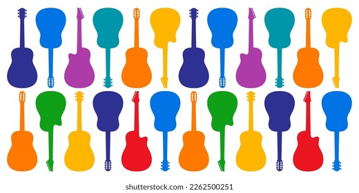 Different style colorful guitars on a white background, modern style musical vector background.