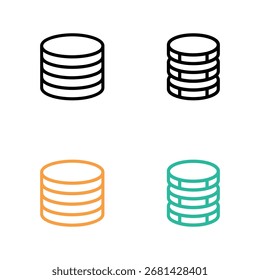 Datenbanksymbole in verschiedenen Stilen in Schwarz, Orange und Grün, einzeln auf weißem Hintergrund, die Datenspeicherung, Informationsmanagement und Serverinfrastruktur darstellen.