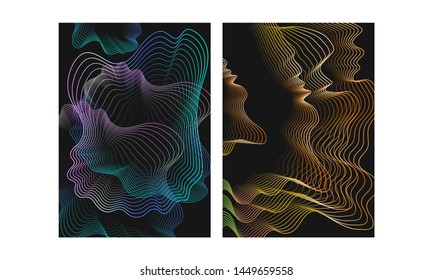 Different style digital flowing wave motion particles abstract background in color lighting effect.
