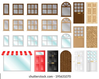 Different style doors and windows vector illustrations 