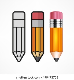 Different style drawing pencil. Set of three pencils for design on white. Vector illustration