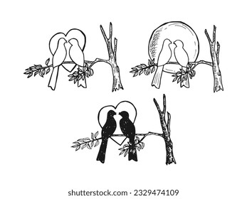 Different style hand-drawn  two couple birds in the tree branch with heart and moon shape. Hand drawn romantic love theme concept.