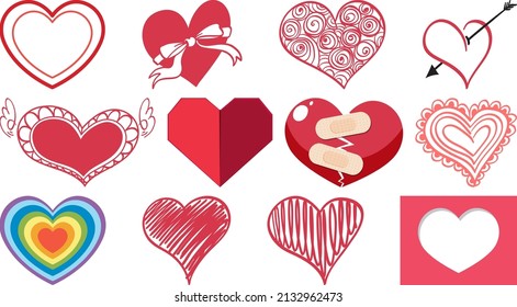 Different style of hearts isolated on white background illustration