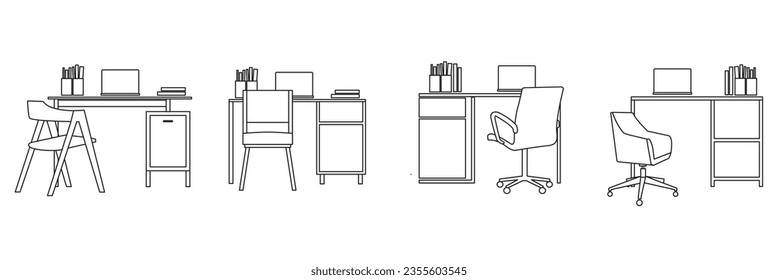 Different style icons set, Office workspace desk icon. Computer table and chair with folders and book line and glyph version, linear, filled vector sign and full pictogram. 