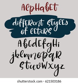 Different style of letters. Handwritten alphabet. Brush style abc. Vector illustration
