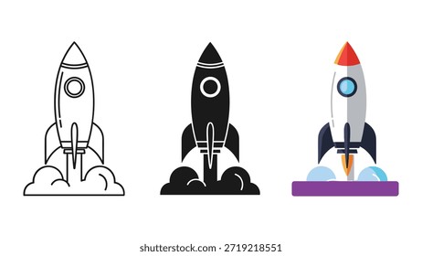 Diferente estilo de lanzamiento de la nave cohete en el espacio