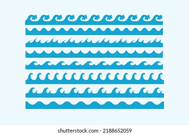 Different style sea waves patterns curve various set . Vector illustration