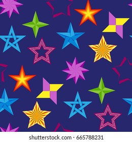Different style shape silhouette shiny star icons collection vector illustration seamless pattern background