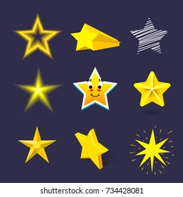 Different style shape silhouette shiny star icons collection vector illustration on blue background
