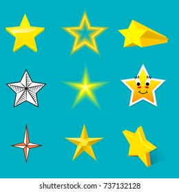 Different style shape silhouette shiny star icons collection vector illustration on blue background