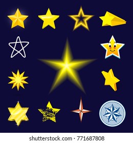 Different style shape silhouette shiny star icons collection vector illustration on blue background