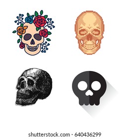 Different style skull faces vector illustration halloween horror style tattoo anatomy art.