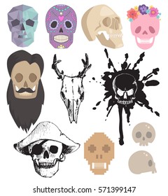 Different style skulls faces vector illustration.