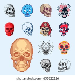 Different style skulls faces vector illustration, halloween horror style tattoo anatomy art.