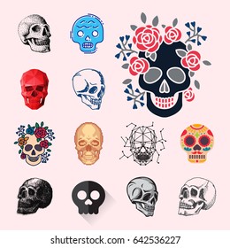 Different style skulls faces vector illustration halloween horror style tattoo anatomy art.