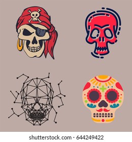 Different style skulls faces vector illustration halloween horror style tattoo anatomy art.