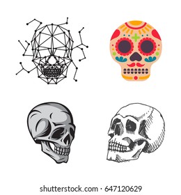 Different style skulls faces vector illustration halloween horror style tattoo anatomy art.