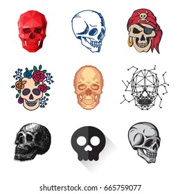 Different style skulls faces vector illustration halloween horror style tattoo anatomy art.