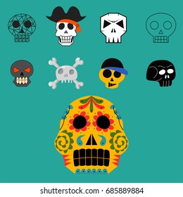 Different style skulls faces vector illustration halloween horror style tattoo anatomy art.