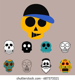 Different style skulls faces vector illustration halloween horror style tattoo anatomy art.