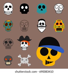 Different style skulls faces vector illustration halloween horror style tattoo anatomy art.