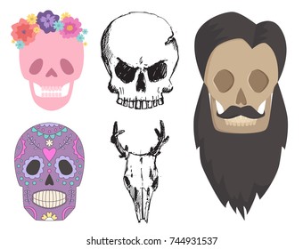 Different style skulls faces vector illustration halloween horror style tattoo anatomy art.