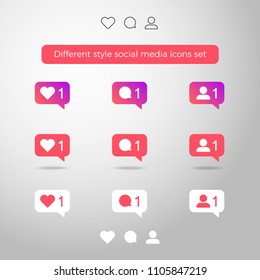 Different style social media icons set - like, profile, new message. In speech bubbles. Vector.
