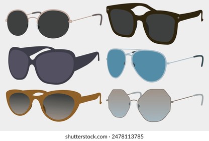 Different style of sunglasses three quarter view illustration set