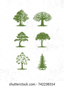 Different Style Tree Illustration Set. Rough Organic Eco Friendly Green Design Elements On Grunge Wall Background. 