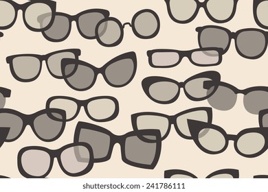 Different style of types glasses, seamless pattern, cartoon flat style vector illustration.