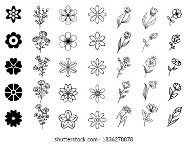 Different style vector floral set. Black outline stylized flowers isolated on white background. Collection of decorative floral design elements.